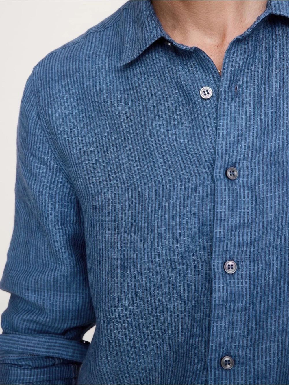 NWT Banana Republic Standard Fit Textured Linen Navy Blue Stripe Shirt Sz M/T